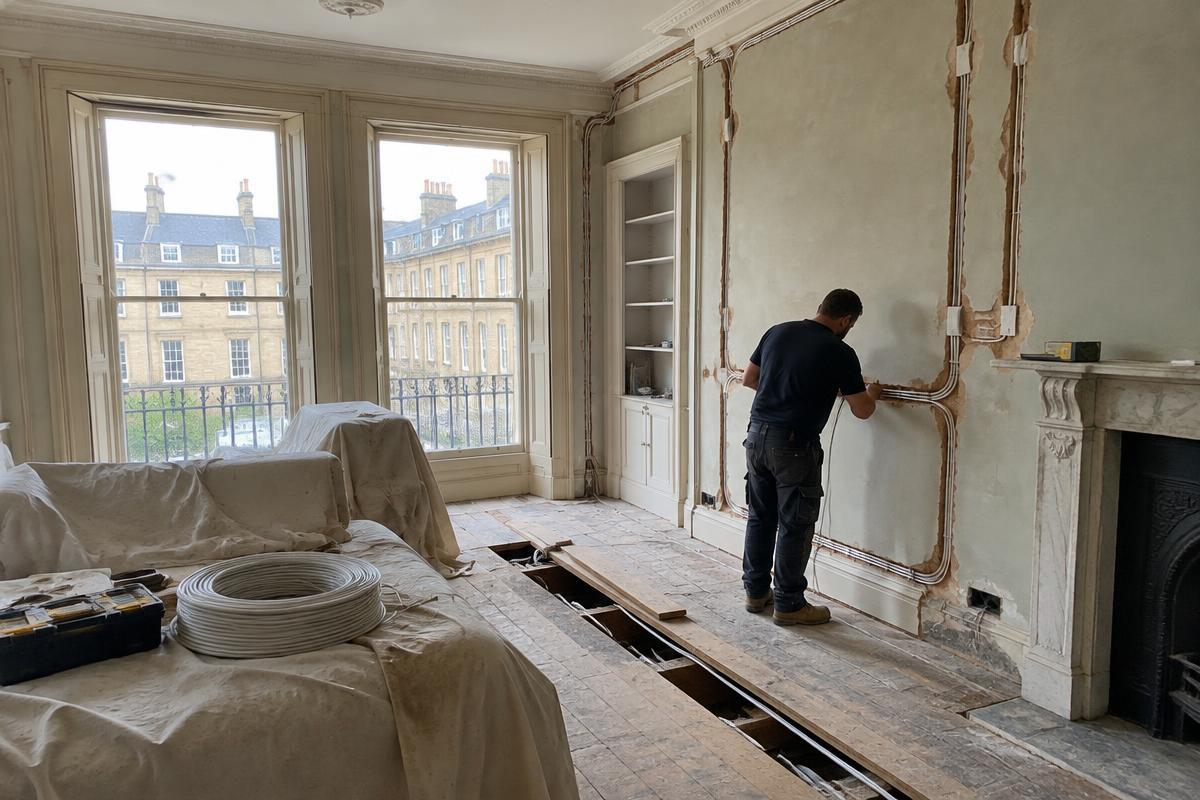 Electrician rewiring a Georgian room in Bath with floorboards lifted