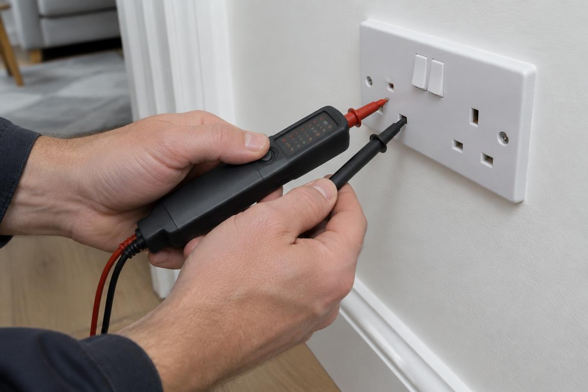 Electrician testing a white plastic socket