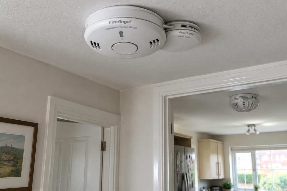Interlinked smoke and heat alarms on a hallway ceiling